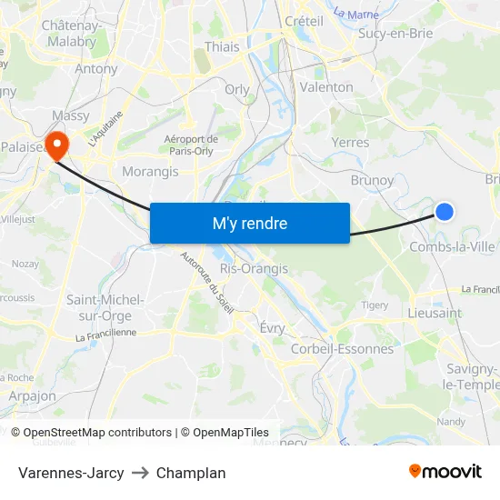 Varennes-Jarcy to Champlan map