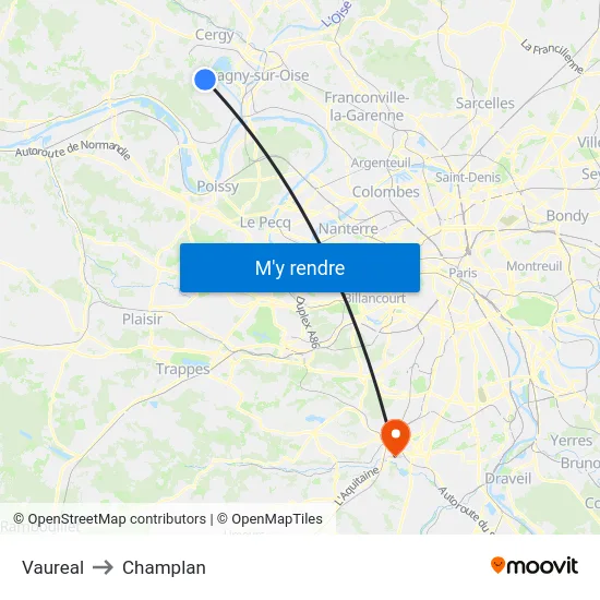 Vaureal to Champlan map