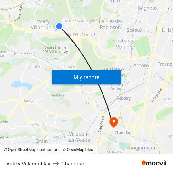 Velizy-Villacoublay to Champlan map