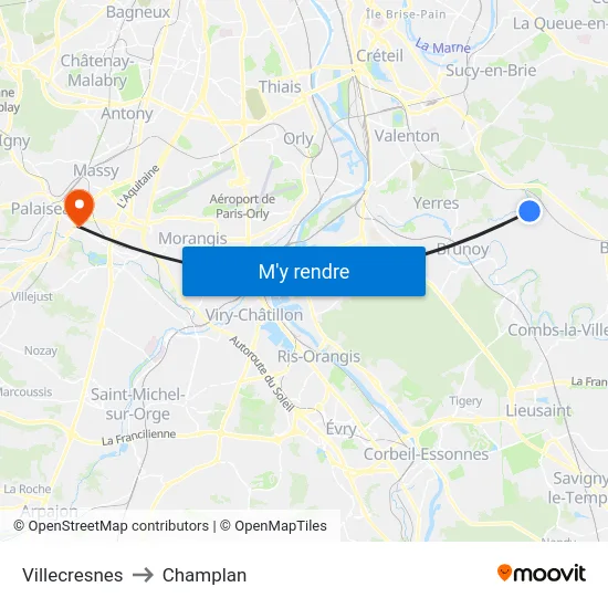 Villecresnes to Champlan map