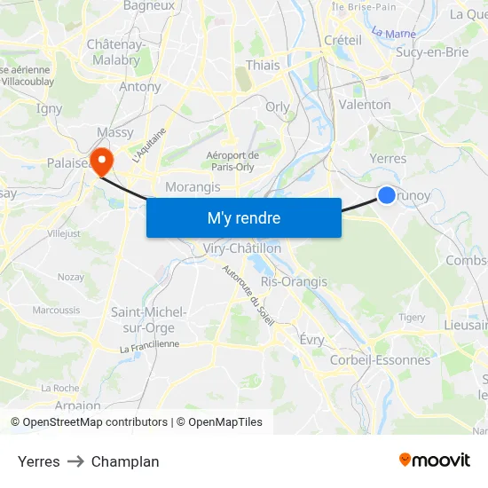 Yerres to Champlan map