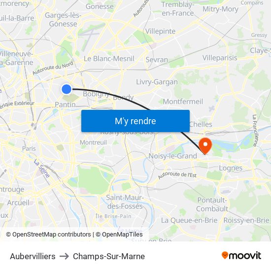 Aubervilliers to Champs-Sur-Marne map