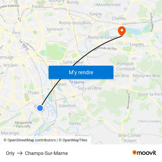 Orly to Champs-Sur-Marne map