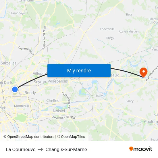 La Courneuve to Changis-Sur-Marne map
