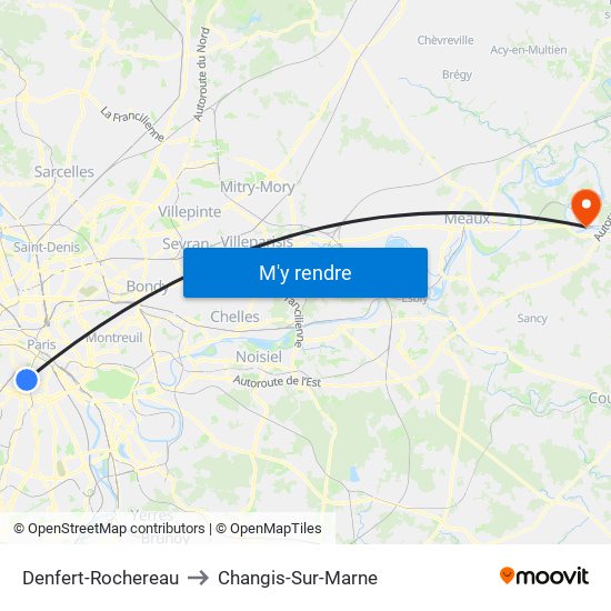 Denfert-Rochereau to Changis-Sur-Marne map
