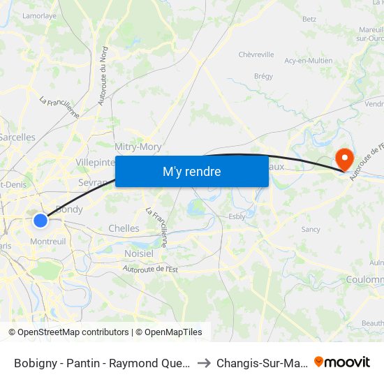 Bobigny - Pantin - Raymond Queneau to Changis-Sur-Marne map