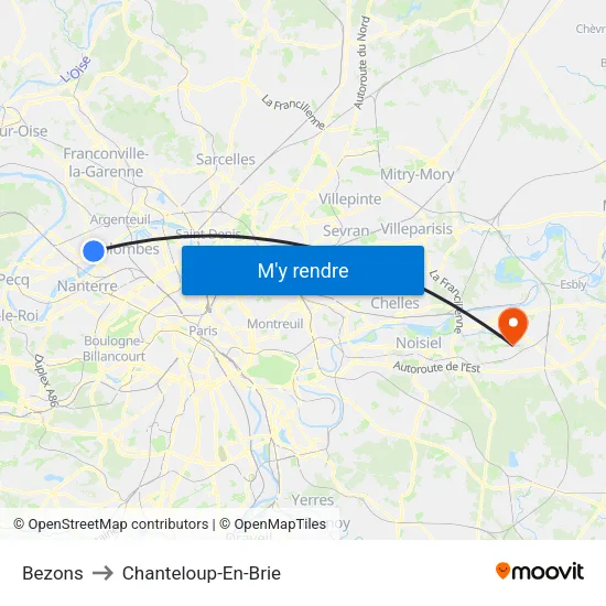 Bezons to Chanteloup-En-Brie map