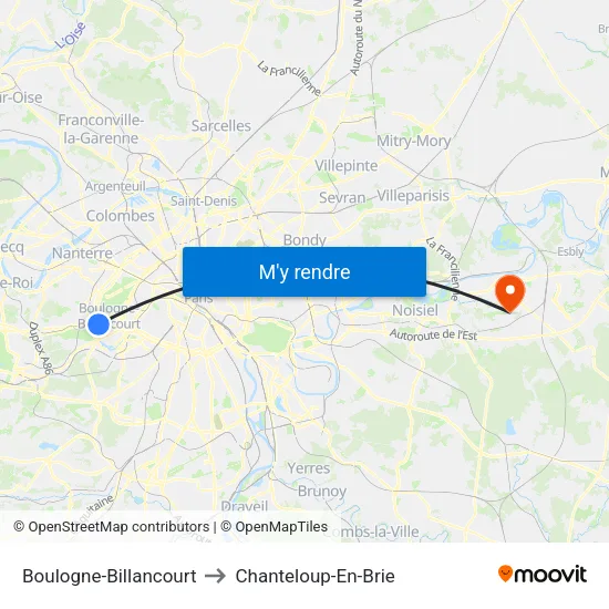 Boulogne-Billancourt to Chanteloup-En-Brie map
