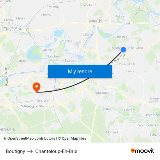 Boutigny to Chanteloup-En-Brie map