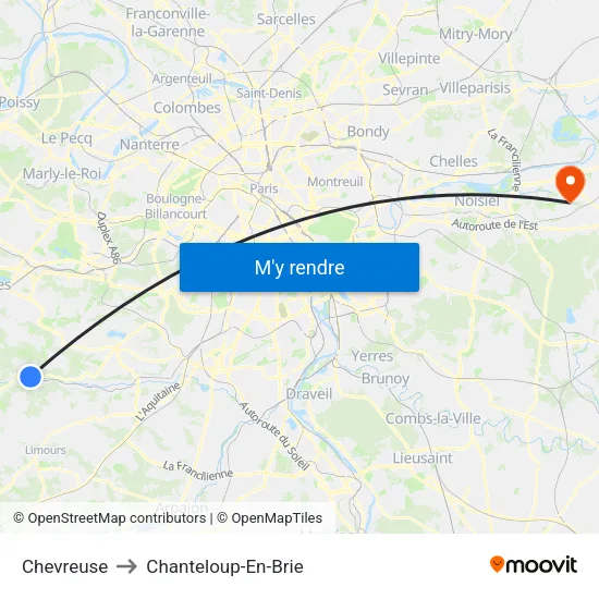 Chevreuse to Chanteloup-En-Brie map