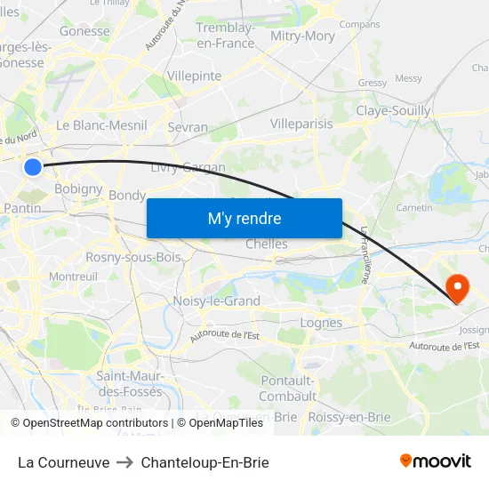 La Courneuve to Chanteloup-En-Brie map