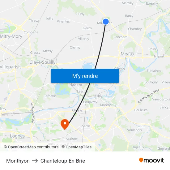 Monthyon to Chanteloup-En-Brie map
