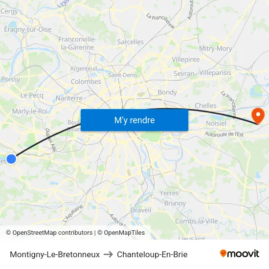 Montigny-Le-Bretonneux to Chanteloup-En-Brie map