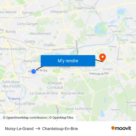 Noisy-Le-Grand to Chanteloup-En-Brie map