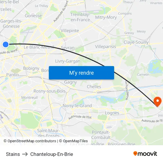 Stains to Chanteloup-En-Brie map