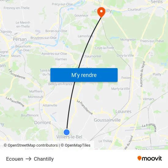 Ecouen to Chantilly map