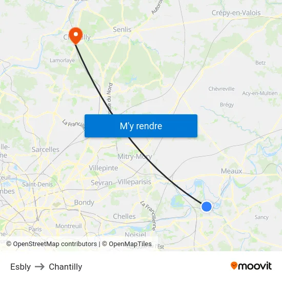 Esbly to Chantilly map