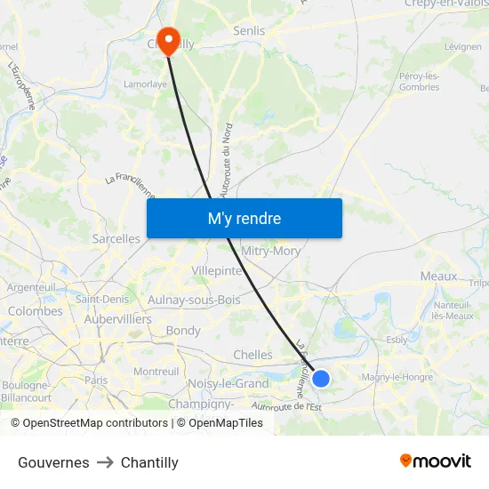 Gouvernes to Chantilly map
