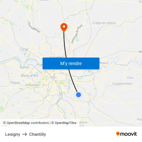 Lesigny to Chantilly map