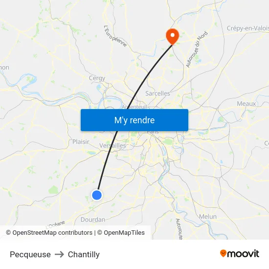 Pecqueuse to Chantilly map