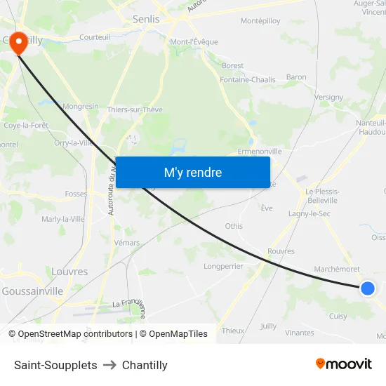 Saint-Soupplets to Chantilly map