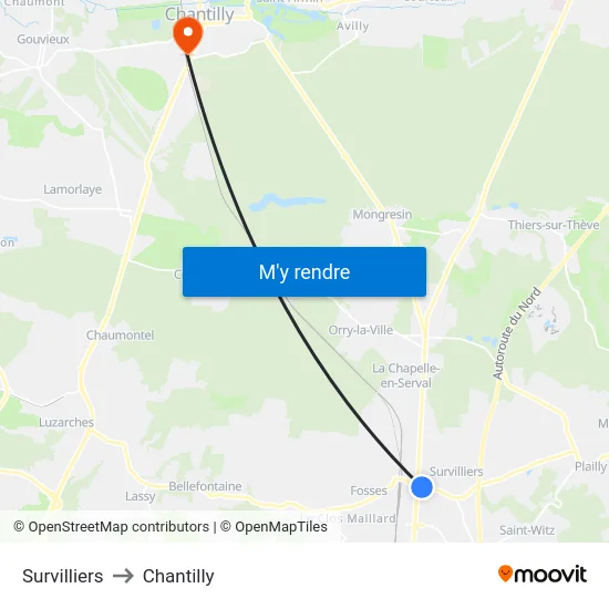 Survilliers to Chantilly map