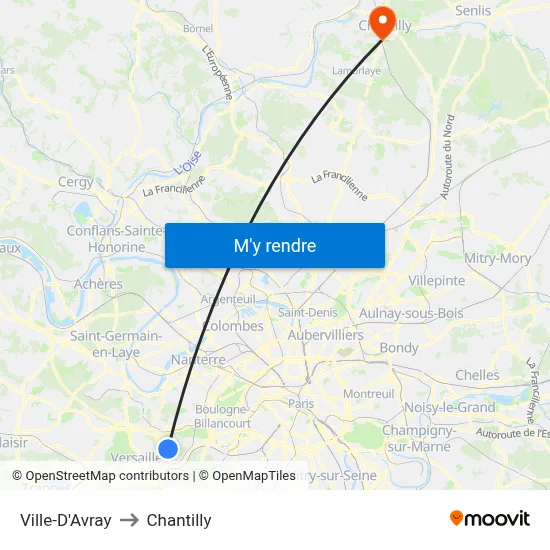 Ville-D'Avray to Chantilly map