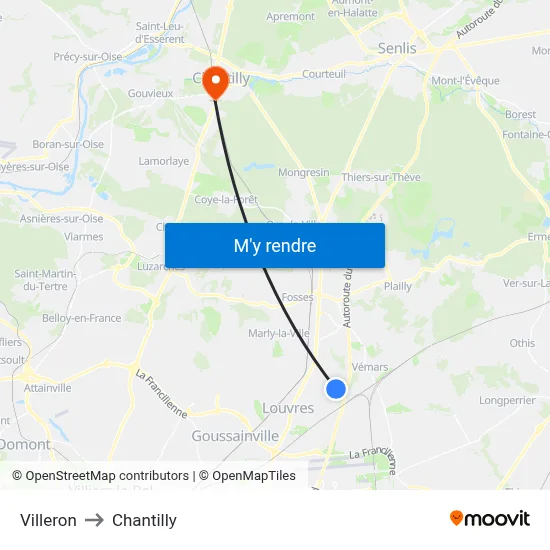 Villeron to Chantilly map