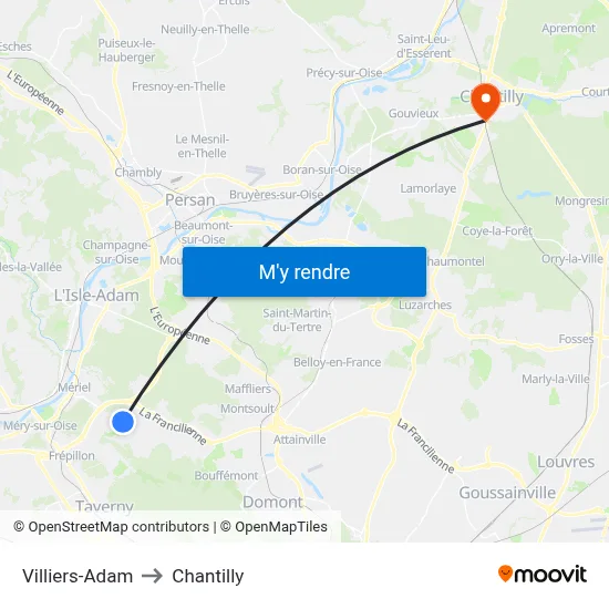Villiers-Adam to Chantilly map