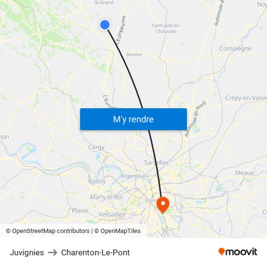 Juvignies to Charenton-Le-Pont map