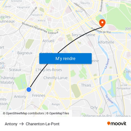 Antony to Charenton-Le-Pont map