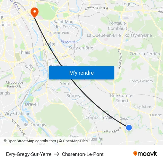 Evry-Gregy-Sur-Yerre to Charenton-Le-Pont map