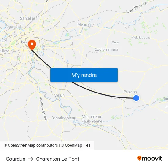 Sourdun to Charenton-Le-Pont map