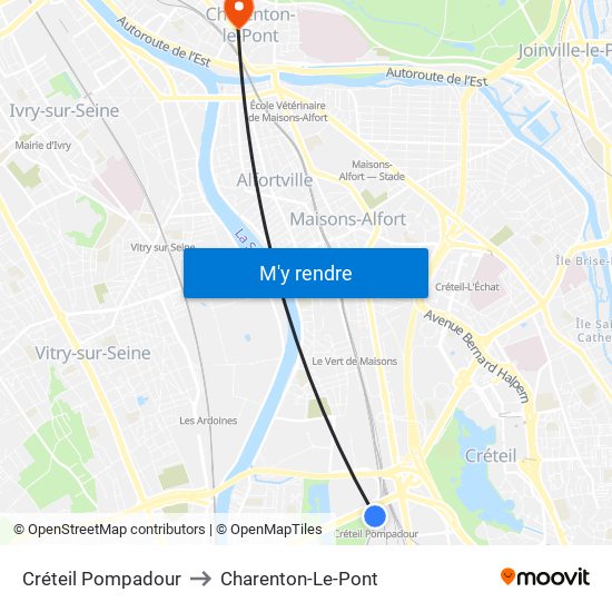 Créteil Pompadour to Charenton-Le-Pont map