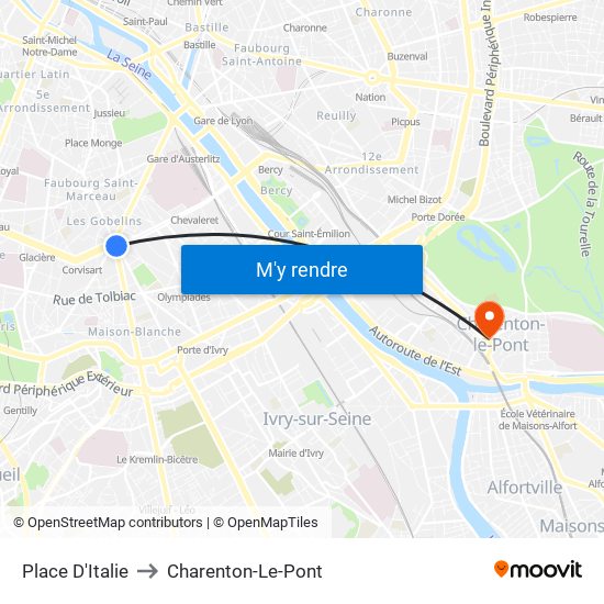 Place D'Italie to Charenton-Le-Pont map