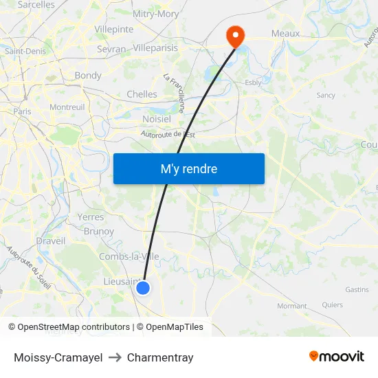 Moissy-Cramayel to Charmentray map