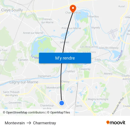 Montevrain to Charmentray map