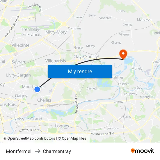 Montfermeil to Charmentray map