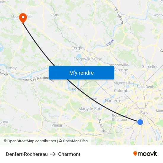 Denfert-Rochereau to Charmont map