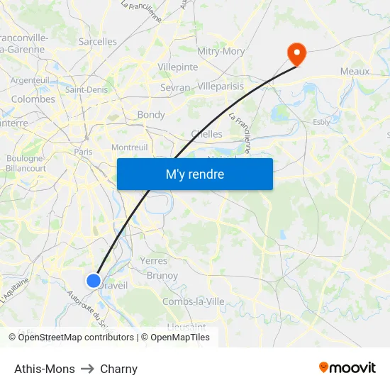 Athis-Mons to Charny map