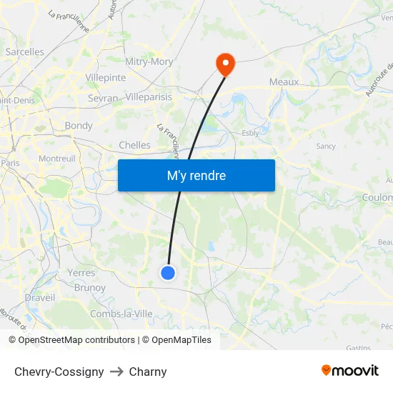Chevry-Cossigny to Charny map