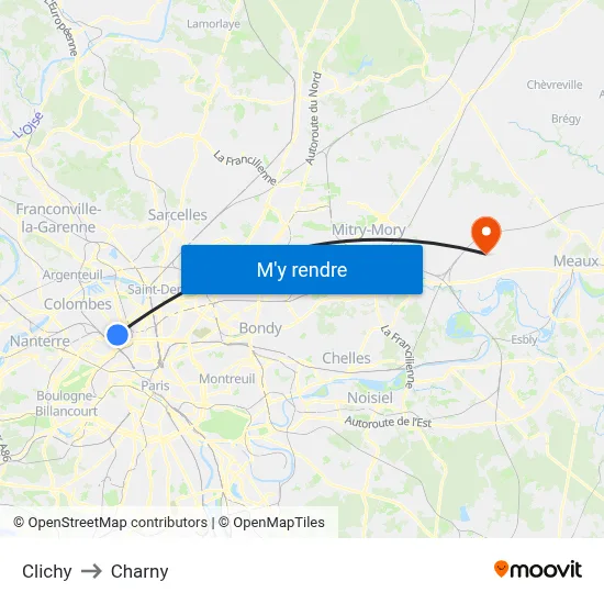Clichy to Charny map
