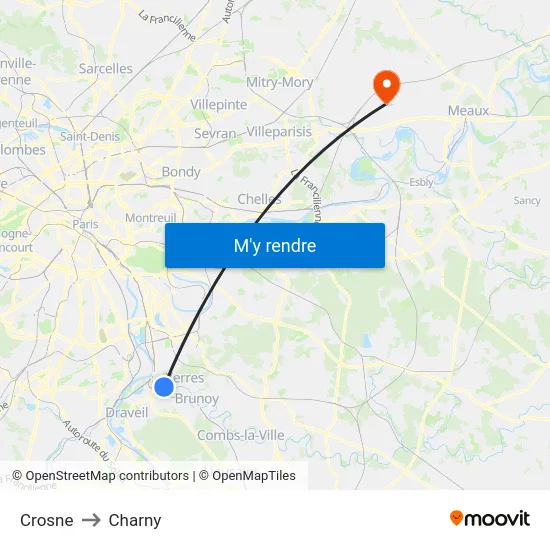 Crosne to Charny map