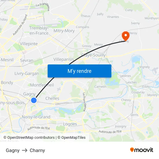 Gagny to Charny map
