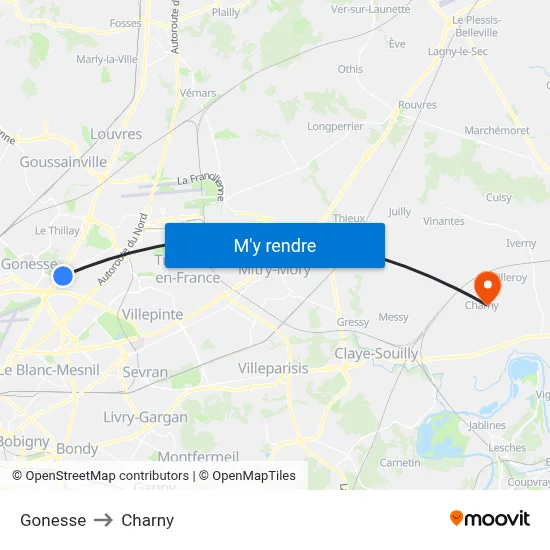Gonesse to Charny map