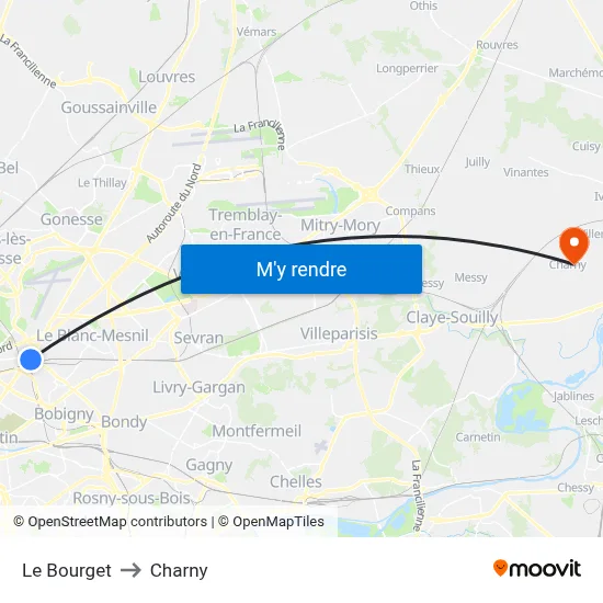 Le Bourget to Charny map