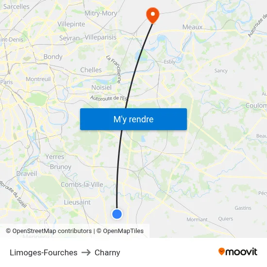 Limoges-Fourches to Charny map