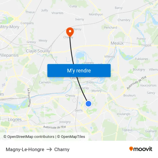 Magny-Le-Hongre to Charny map
