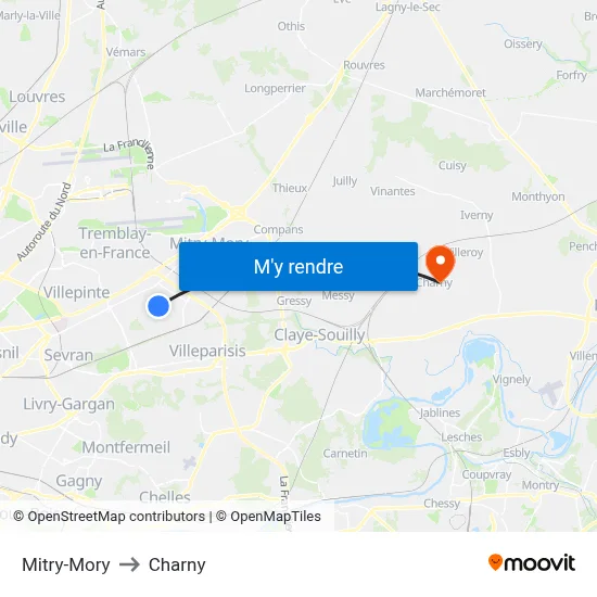 Mitry-Mory to Charny map