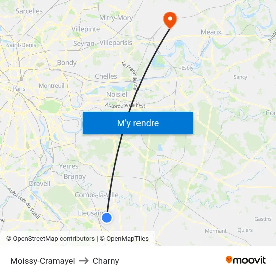 Moissy-Cramayel to Charny map